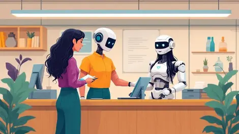 Bank staff collaborating with friendly robot assisting customers at service desk