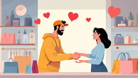 Customer shop attendant handshake shopping bags hearts retail loyalty