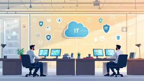 It professionals cybersecurity cloud data recovery modern office illustration
