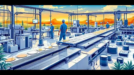 Modern semiconductor fabrication facility workers machinery silicon wafer conveyor american landscape