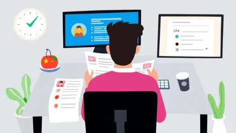 Recruiter reviewing stack printed cvs at desk with computer application