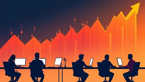 Stock market graph rapid upward spikes human silhouettes computers financial volatility technological focus