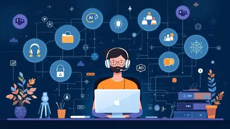 Customer service agent computer workflow automation ai icons office environment