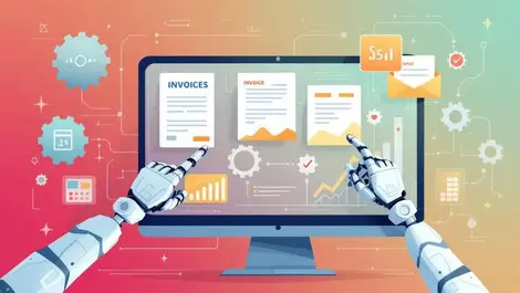 Robotic hands processing invoices contracts digital dashboard automated financial workflows