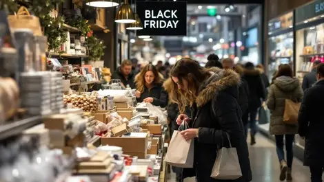 Bustling uk high street shop black friday shoppers shopping bags
