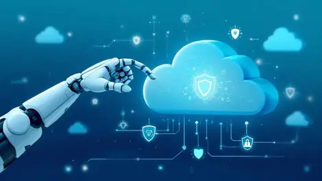 Robotic arm probing layered cloud icons with digital shields ai penetration testing enterprise cloud security