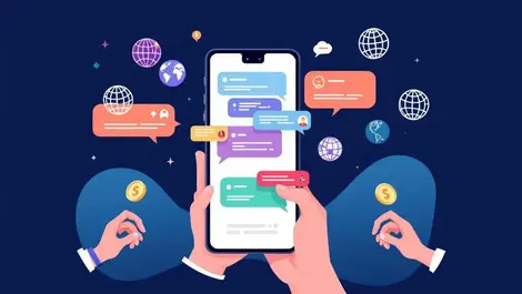 Smartphone chat bubbles multilingual globe icons hands exchanging coins global earning