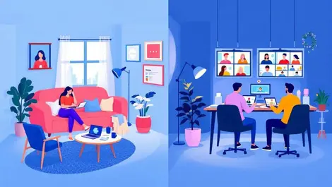 Illustration office people working laptops home modern shared workspace video conferencing