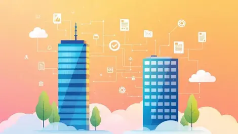 Modern office buildings merging digital clouds interconnected documents business acquisition automation