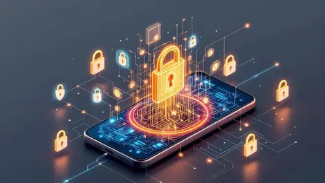 Realistic smartphone neural network glowing digital locks shield icons ai privacy