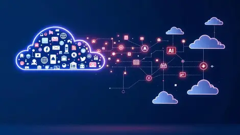 Saas cloud icons dissolving into glowing ai agent network governed