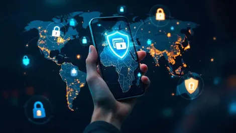 Digital wallet security humans robots shields locks world map