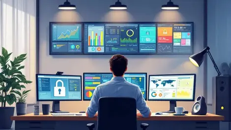 Small business it security ops room multiple dashboards shields