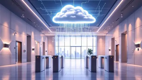 Modern office lobby ai cloud security turnstiles cameras sensors
