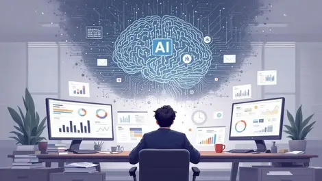 Stressed pr manager ai brain disruption kpi dashboards office scene