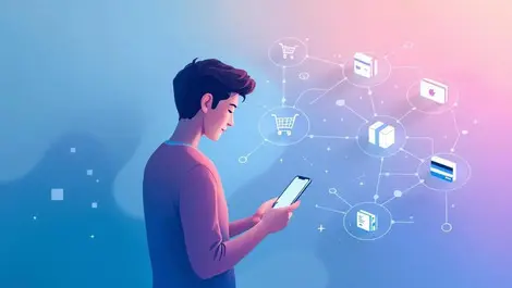 Ai ecommerce hub online shopper smartphone payments icons flow