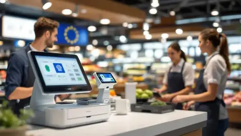 European supermarket checkout pos with biometric scanner eu flag