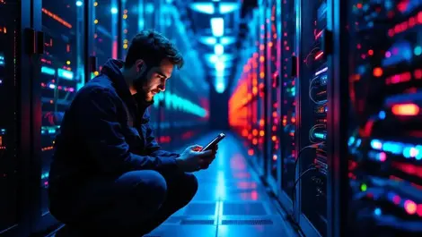 It tech kneeling data center testing fibre optic patch panel