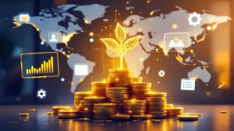 Glowing circuit seedling on gold coins ai startup funding global