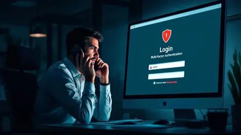 Moody office worker on call mfa login screen red warning shield