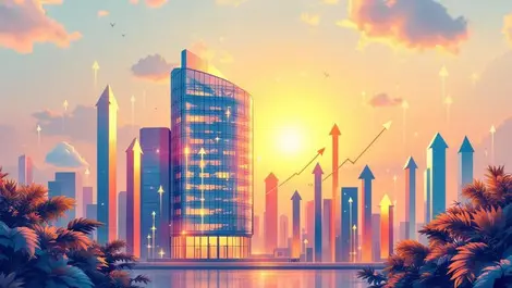 Indian glass office tower sunrise growth arrows cloud circuits