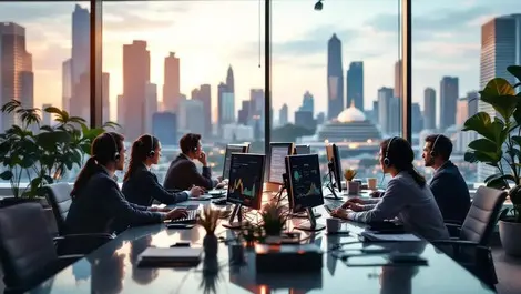 Singapore telecom sales office agents screens waveforms city view