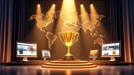 Golden award stage with screens showcasing global digital excellence