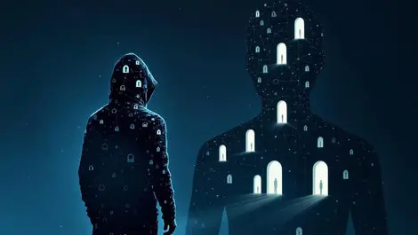 Hooded cyber figure identity attack breached accounts blue tones