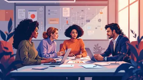 Inclusive women engineers cybersecurity team modern office meeting