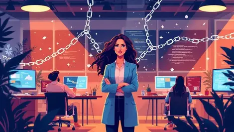 Confident woman tech leader uk office breaking barriers flower motif