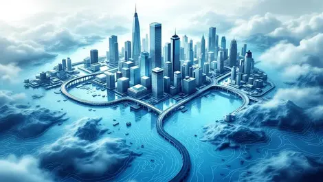 Global financial district flooded 3d terrain map overlay blues