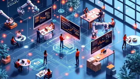 Isometric european office erp automation ai agents supply chain