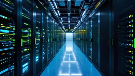 Modern ai data center gpu server racks nvidia green lighting