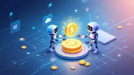 Minimalist robots exchanging glowing token in fintech network scene