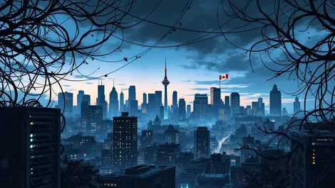 Canadian city dusk skyline fragile cyber infrastructure cables
