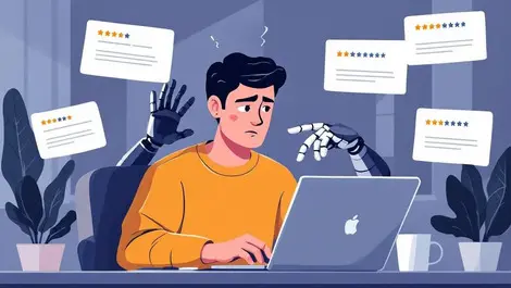 Worried online shopper checking laptop reviews inauthentic feedback